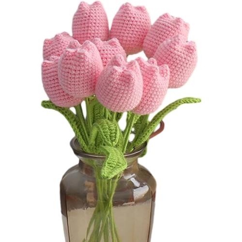 Emivery Crochet Flower Bouquet, 7pcs Knitted Artificial Tulip Flowers Bouquet Pink Handmade Crocheted Finished Fake Flower Tulip for Valentine's Mother's Teacher's Day Gift