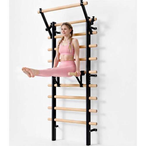 GMWD Swedish Ladder, Stall Bar, Suspension Trainer with Pull-Up Bar and Dip Bar Attachments, Wooden Stall Bar with 9 Strategic Rods for Core Strengthening and Stretching Balanced for Body Exercises