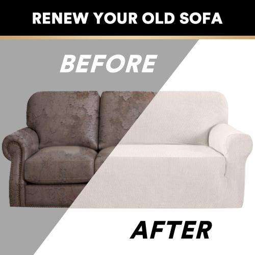 PrinceDeco Stretch Loveseat Sofa Cover Slipcover Couch Cover for 2 Cushion Sofa Washable Sofa Cover for Pets Friendly Furniture Protector Covers with Non Slip Bottom(Loveseat, Ivory)