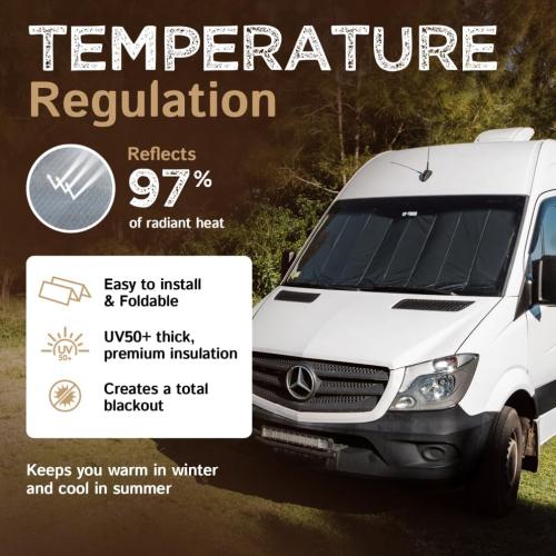 Color Black Living in a Bubble Insulated Blackout Windshield Cover for Mercedes Sprinter NCV3 & VS30, 2007-23, All-Weather Sprinter Van Accessories, Vanlife Must Have Windshield Sun Shade and Van Life Essentials