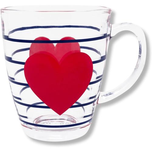 Draper James Cute Coffee Glass Mug, Clear Coffee Cup with Handle, 13oz Coffee Mug, Aesthetic Glass Cup for Coffee and Tea, Navy Stripes with Heart