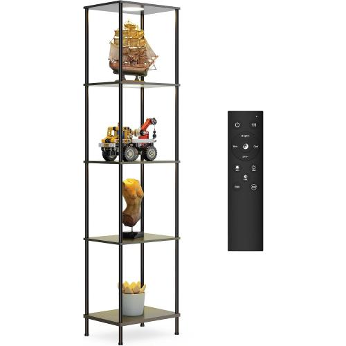 Display Shelf with RGBW Light, Color Changing Curio Cabinet Floor Lamp with Shelves Corner Standing Column Lamp Etagere Organizer Tower Nightstand Bookcase for Living Room Bedroom Office Décor Black