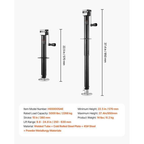 VEVOR 5000 lbs A-Frame Trailer Jack, 15 Vertical Travel, Adjustable Drop Leg, for Horse, Utility, Yacht Trailers