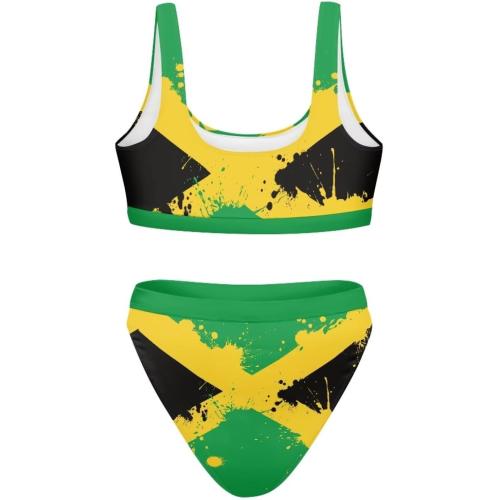 Size L ELEQIN Women Printed Two Pieces High Waisted Cheeky Bikini Sets Low Scoop Crop Swimsuit