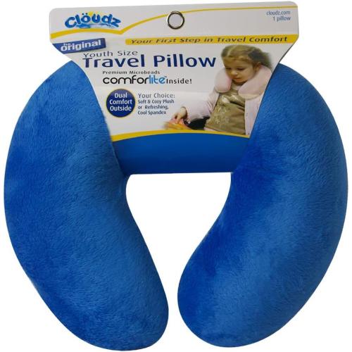 Cloudz Kids Dual Comfort Microbead Airplane Travel Neck Pillow. Super Soft Cozy Plush on One Side, Cool Relaxing Spandex on The Other! Keep Your Kids Comfy and Supported at Home or On The Go! - Blue