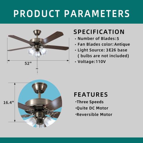 52 Inch Indoor Ceiling Fan with Pull-Chain and Three LED Light Bulbs Base, Traditional 3-Speeds Reversible Blades Ceiling Fan (Antique)