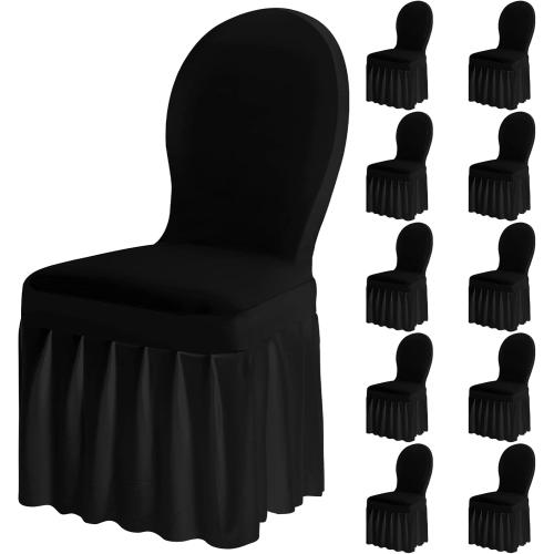 Oudain Chair Slip Covers with Skirt Wedding Long Stretch Spandex Dining Chair Cover Protectors Removable and Washable for Hotel and Wedding Ceremony(Black,10 Pieces)