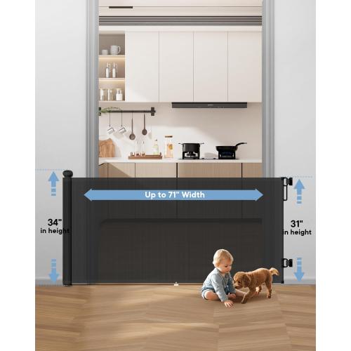 Extra Wide Baby Gate - 71 inch Retractable Mesh Gates for Large Opening, Extra Long Mesh Gate for Babies, Dogs, Baby Gate Anti-Crawling Hook for Stairs Hallways Doorway Indoor Outdoor, Black