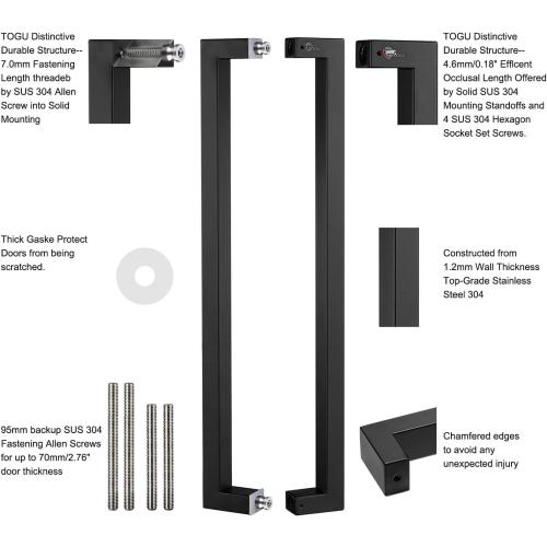 TOGU TG-R3825 900mm/36 inches Solid Standoffs Heavy-Duty SUS 304 Square/Rectangle Shape Stainless Steel Push Pull Door Handle/Barn Door Pull Handle/Glass Pulls, Matte Black Finish