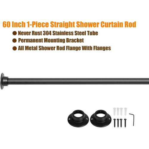 Artiwell 60 Heavy Duty Straight Shower Rod With Shower Rod Flange, Permanent Mount Shower Curtain Rod With Screws Bracket, Never Rust Stainless Steel, Window Curtain and Closet Rod, Matte Black