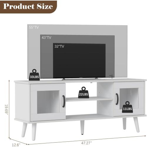 Wood TV Stand for TV, Mid Century Modern Entertainment Center with Adjustable Shelf, Sensor LED Light, 2 Cabinets, TV Media Console for Living Room Bedroom White