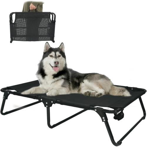 Elevated Raised Dog Bed Cot with Breathable Mesh,Folding No Assembly, Indoor/Outdoor Travel Outside Cooling Camping Dog Beds Pet Hammock for Large Dogs, Black
