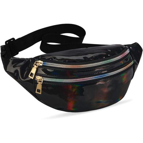 LIVACASA Holographic Fanny Packs for Women Cute Black Waist Packs Shiny Waist Bum Bag Waterproof for Travel Party Festival Running Hiking All Black