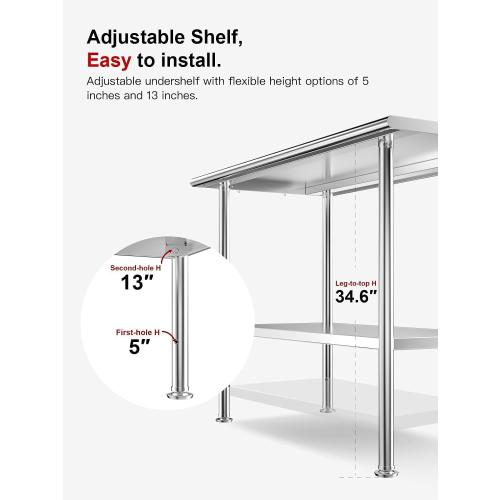 All-Stainless Steel Prep Table, 24 X 48 Inches, with Rounded-Corner Backsplash and Adjustable Undershelf, Heavy-Duty for Outdoor Use,Restaurants,Hotels,Workshops,Kitchens,Gardens, and Garages