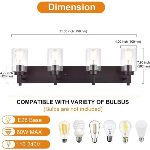 4 Lights Bathroom Vanity Light Fixture Oil Rubbed Bronze Sconces Wall Lighting Industrial Indoor Wall Mounted Lamp, Farmhouse Style for Kitchen Dining Room (Patent No.: US D958,438 S)