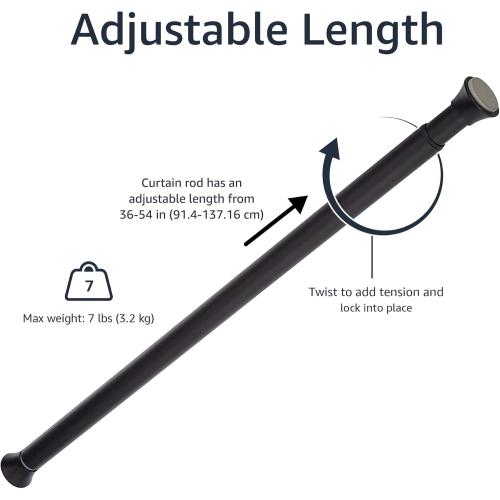 Amazon Basics Adjustable Sturdy Spring Tension Curtain Rod, No Drilling/No Holes, 36-54, Black, Classic Finial