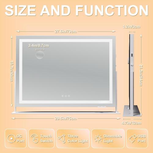 Hasipu Vanity Mirror with Lights, 28 x 20 LED Makeup Mirror, Light up Mirror with 10X Magnification and Phone Holder, USB Charging Port, Smart Touch 3 Colors Dimmable, 360° Rotation (White)