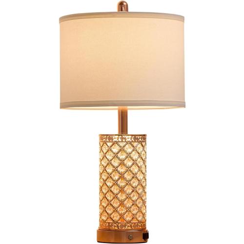 Crystal Table Lamps Modern 3-Way Dimmable Bedside Lamp with 2 USB Ports & AC Outlets for Living Room Bedroom Nightstand Lamp Night Light (Rose Gold-2 Pack 24In)