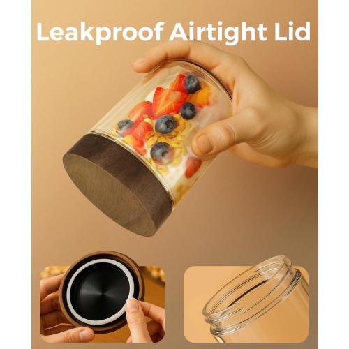 16oz 4 Pack Overnight Oats Containers with Lids, Glass Mason Jars with Acacia Wood Airtight Lids, Wide Mouth Meal Prep Storage Jars for Yogurt, Chia Pudding, Salad, Parfait, Snacks, Spice