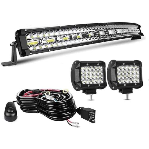 LED Light Bar Kits for Truck - 22 Inch Curved 390W Led Light Bar, 4 Inch Led Pod Lights 12V 24V Off-Road Driving Work Lights for ATV Tractor Pickup Cart with Wiring Harness Kit-3 Lead (Missing cable)