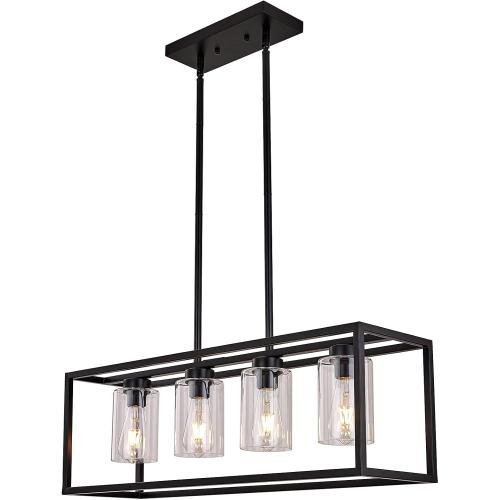 XILICON Black Dining Room Chandeliers Lighting Fixture Linear Pendant Modern 4-Light with Glass Shades Vintage Farmhouse Ceiling Light Hanging for Kitchen Island Cafe Bar