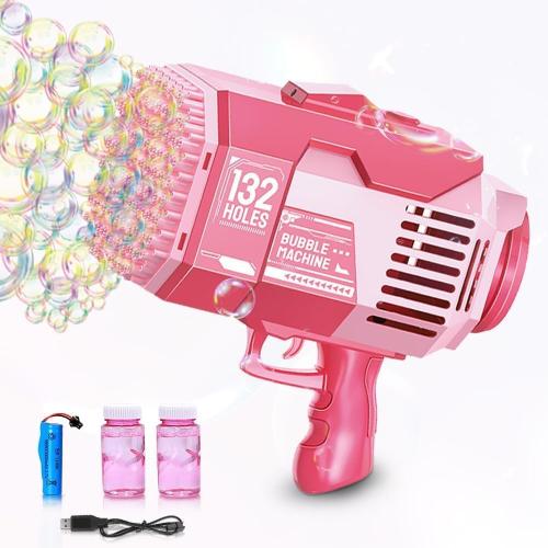 Upgraded 132 Holes Bubble Machine Gun,Bazooka Bubble Machine,Rocket Bubble Gun Bubble Machine,Summer Toys Bubble Blaster Maker for Kids, Wedding, Birthday Gift (Pink)