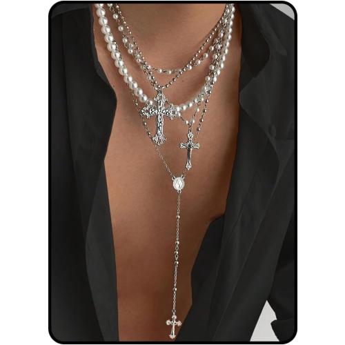 Silver Layered Cross Necklace Set For Women, 4Pcs Pearl Rosary Choker Chunky Christian Pendant Vintage Long Y Gold Necklace Stack Religious Statement Boho Gothic Adjustable Jewelry Gift