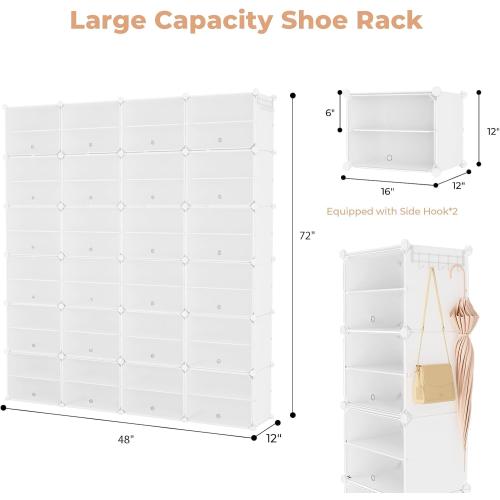 Shoe Rack Organizer 12 Tier Shoe Storage Cabinet with Door 96 Pair Tall Shoes Rack Expandable Free Standing Sturdy Plastic Easy Assembly Shoes Shelf for Closet Entryway Bedroom Hallway White