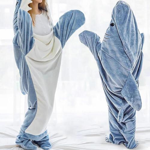 Size Medium Color Blue Shark Blanket Hoodie Onesie for Adult & Kid, Wearable Shark Sleeping Bag, Soft Cozy Onesie Costume
