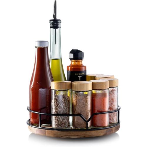 9 Acacia Wood Lazy Susan Revolution Turntable w/Black Wire – Rotating Kitchen Organizer for Table, Pantry, or Cabinet, Rustic Wood Finish, 360° Spin