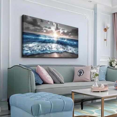 60x30 hyidecorart Large Wall Art For Living Room Modern Wall Decor For Office Blue Beach Painting Sea Waves Sunshine Wall Pictures Bedroom Home Decoration Prints Posters Mural Artwork Ready To Hang 60x30