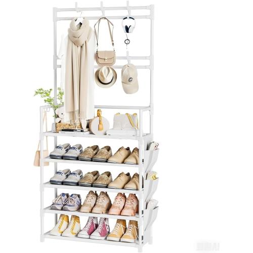 WHITE Shoe Rack 5 Tier Shoe Organizer Storage 15-20 Pairs Shoes Rack for Closet Entrance Shoe Rack Organizer with Hooks and Side Pocket Entryway Shoe Holder Space Saving Free Standing Shoe Racks