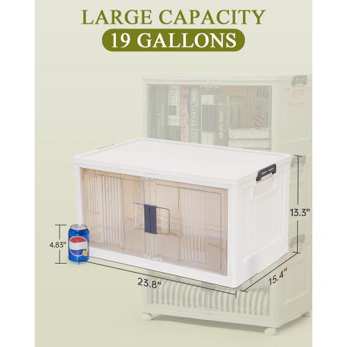 OlarHike 76QT Stackable Storage Bins with Lids - Folding Storage Box with Doors and Wheels, Collapsible Plastic Storage Bins for Closets, Home Organizers, 4 Pack Cubes (Warm Gray)