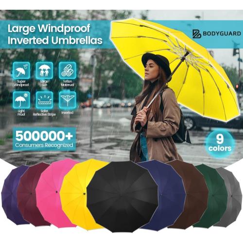 Bodyguard Inverted Umbrella - Large Windproof for Rain & Sun, Compact Reverse With Reflective Stripe, Teflon-Coated for Women Men, Travel Folding With Cover Bag