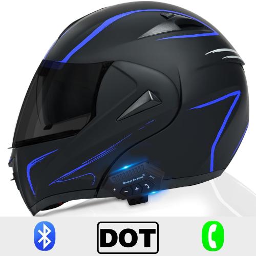 Black & Purple Motorcycle Bluetooth Modular Helmet, DOT Approved Dual Visor Full Face Flip Up Bluetooth Integrated Motorcycle Helmet for Adults Men and Women