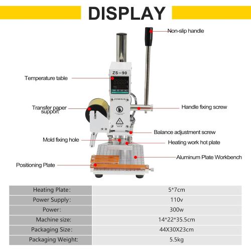 5x7cm Digital Embossing Machine Hot Foil Stamping Machine Manual Tipper Stamper for PVC Leather Pu and Paper Stamping with Paper Holder and Scale
