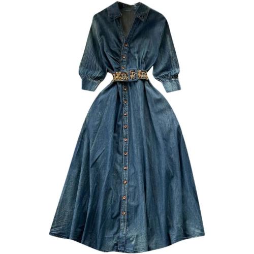 Size/M Women's French Vintage Denim Dress A-Line Long Half Sleeve Dress with Belt Casual Dresses