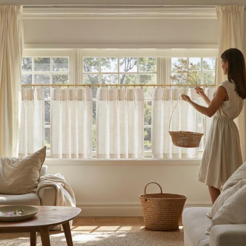 jinchan Linen Pinch Pleated Kitchen Curtains 24 Inch 2 Panels Natural Linen Tier Curtains Back Tab Beige Farmhouse Cafe Light Filtering Small Window Drapes for Bathroom Laundry Room Beige