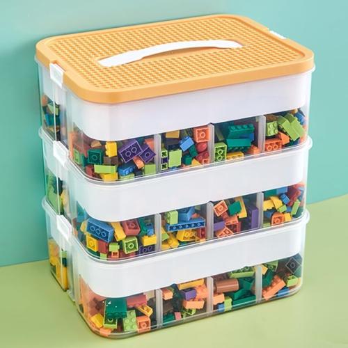 Toys Organizer Storage Case for Lego Box Kids Toy Stackable Building Blocks with Lids Bins Adjustable Lego Storage Containers Plastic Toy Box 3 Layer (Lemon)