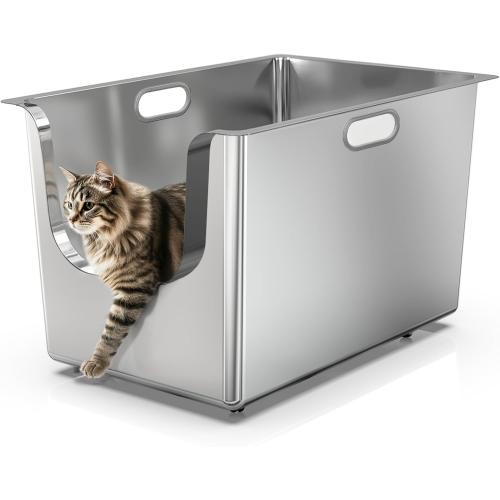 Stainless Steel Litter Box 13.7'' High Sides, XL Metal Cat Litter Box with Curved Low Entry, Cat Litter Pan for Big & Multiple Cats, Pet Toliet with Handy Wheels for Easy Moving