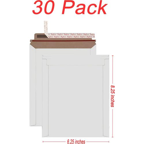 Rigid Mailers 30 Pack 6.25 x 8.25 inches White Self Seal Stay Flat Bulk Cardboard Kraft No Bend Mailers Peel and Seal for Document Photos Pictures Papers Files CD