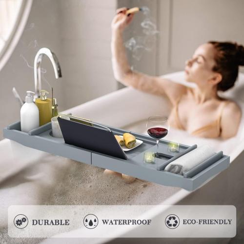 Bath Caddy Tray for Bathtub - Bamboo Adjustable Organizer Tray for Bathroom with Soap Dish Suitable for Luxury Spa or Reading(Bluish Grey)