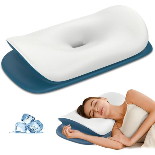 White and Blue Cervical Neck Pillow for Pain Relief - Ergonomic Memory Foam Contour Pillows for Side, Back & Stomach Sleepers, Cervical Pillow for Neck Support Sleeping with Breathable Cover