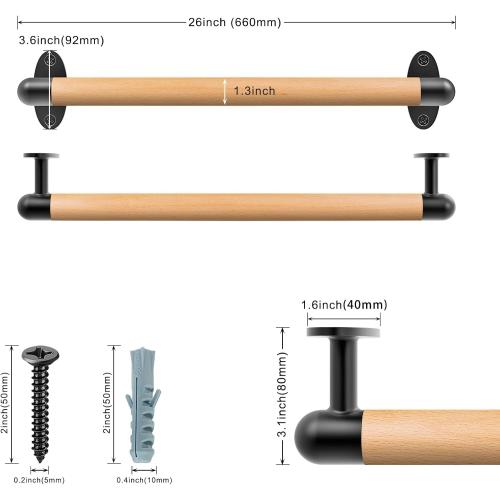 SELEWARE 26 Inch Wood Handrail Indoor Stairs Handrail Wall Mount Handrail w/Sturdy Metal Barckets, Barrier-Free Staircase Grab Bar for Elderly, 1.3 Inch Round