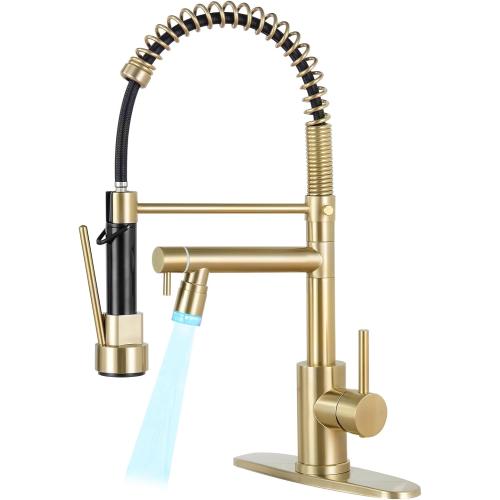 KZH Kitchen Faucet with Pull Down Sprayer Commercial Single Handle Stainless Steel Two Spout Kitchen Sink Faucet with LED Light, Deck Plate, Brushed Gold