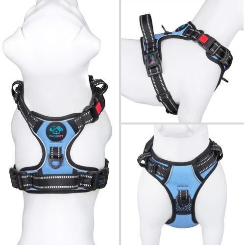 PHOEPET No Pull Dog Harness 3M Reflective Adjustable Vest with a Training Handle, Name ID Pocket, 2 Metal Leash Hooks, 3 Snap Buckles [Easy to Put on & Take Off](L, Baby Blue)