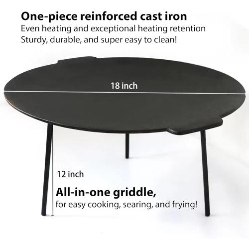 18 Cast Iron Griddle, Round Iron Pan, Portable Campfire Grill with 3 Removable Legs for Outdoor BBQ Cooking, Grilling and Frying Outdoor Camping