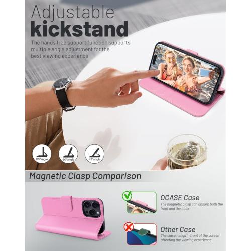 PINK OCASE Compatible with iPhone 16 Pro Max Wallet Case, PU Leather Flip Folio Case with Card Holders RFID Blocking Kickstand [Shockproof TPU Inner Shell] Phone Cover 6.9 Inch 2024, Pink
