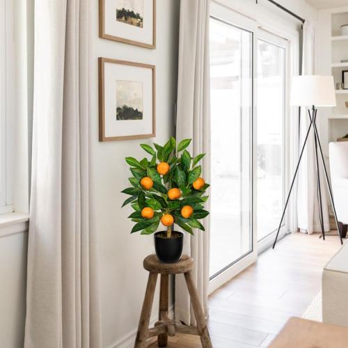 Artificial Potted Plants 15.7 inches Fake Orange Tree Artificial Citrus Fruit Plant with Black Pot Faux Plants Indoor for Home,Office, Living Room Table, Desk