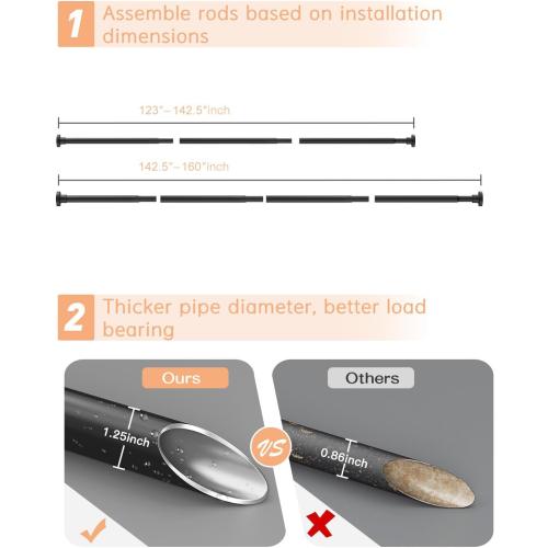 BLACK ALLZONE Tension Curtain Rods 123 to 160 Inch, Black Curtain Rods No Drilling, Extra Long Tension Rod for Room Divider Curtains Rod, Outdoor Tension Rod for Patio/Bedroom/Office,3 Installation Options